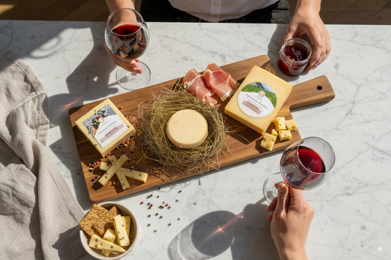 Eine Käseplatte mit verschiedenen Käsesorten, Schinken und Wein auf einem Marmortisch.