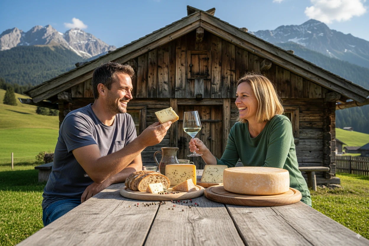 Ein Mann und eine Frau sitzen vor einer Almhütte, genießen Käse und Wein mit Blick auf eine Berglandschaft.