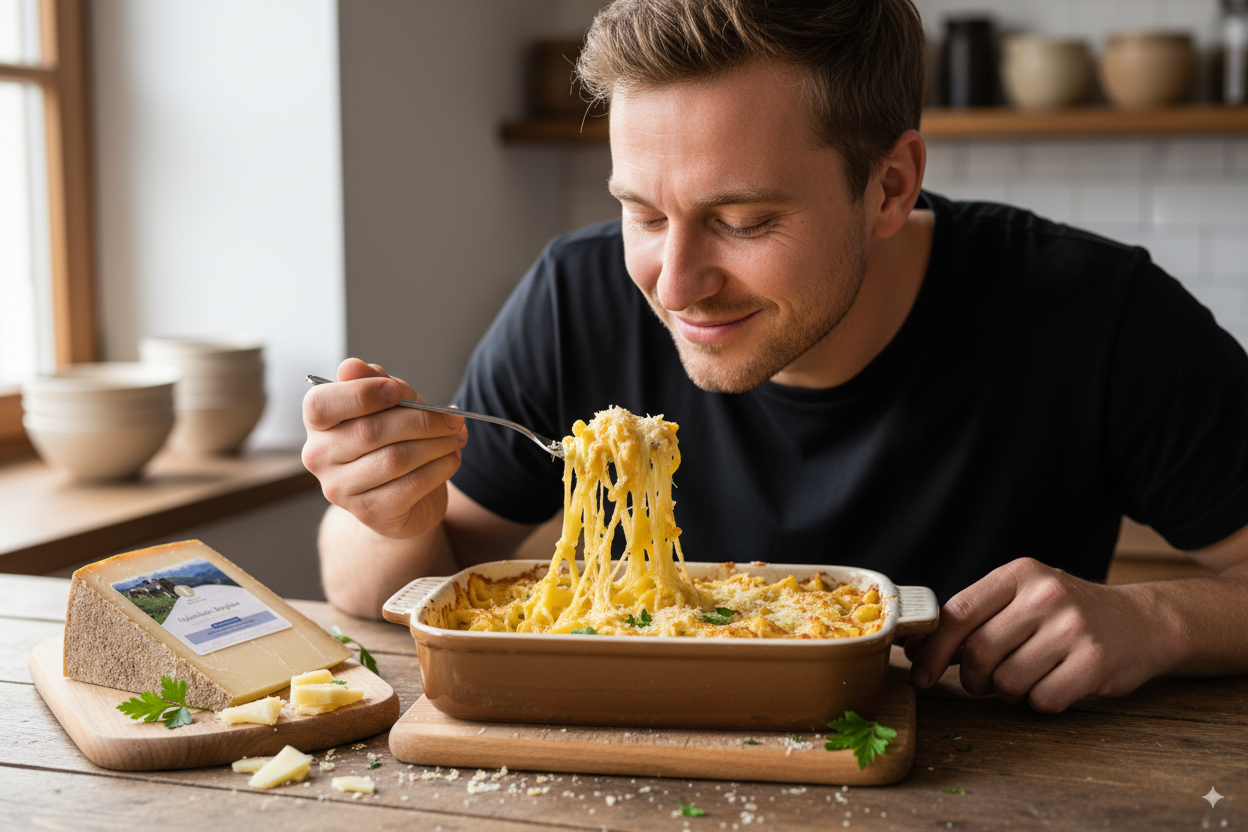 Ein Mann sitzt am Tisch und genießt eine Portion Käse-Nudelauflauf aus einer Auflaufform, daneben liegt ein Stück Käse der Alpbachtaler Heumilchkäserei.