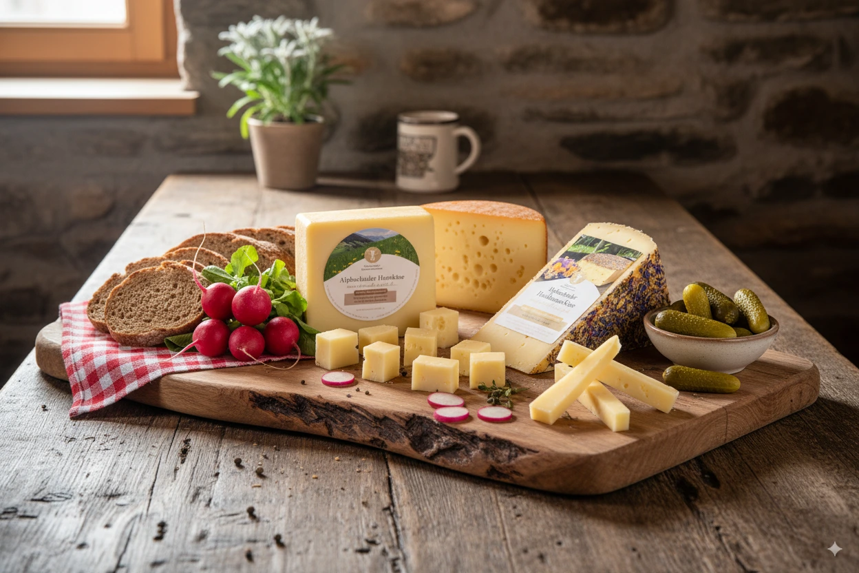 Verschiedene Käsesorten der Alpbachtaler Heumilchkäserei liegen auf einem Holzbrett mit Radieschen, Brot und Essiggurken in einer Schüssel, arrangiert auf einem rustikalen Holztisch.