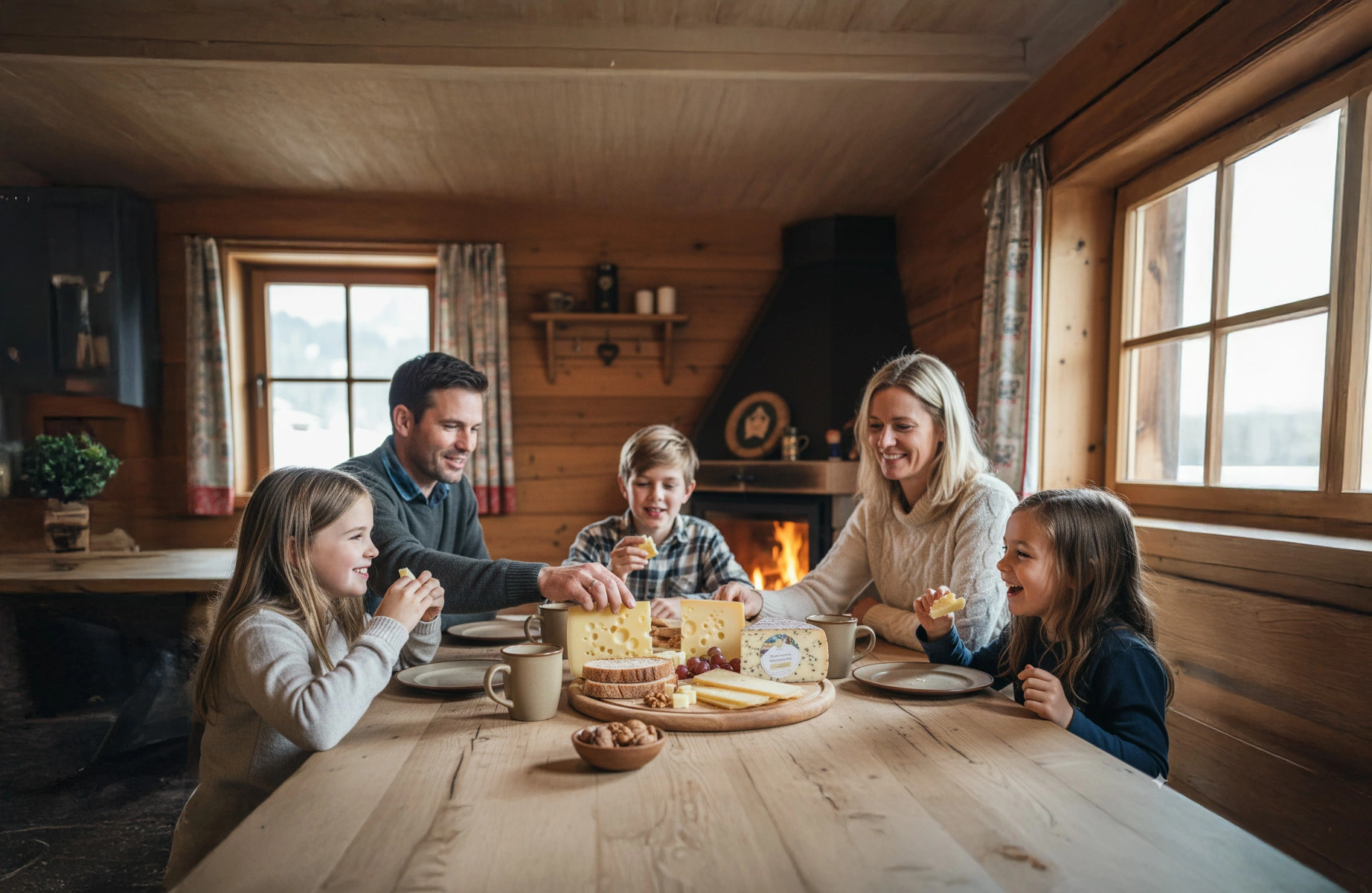 Eine Familie sitzt in einer gemütlichen Almhütte am Holztisch und genießt Käse der Alpbachtaler Heumilchkäserei, im Hintergrund brennt ein Kaminfeuer.