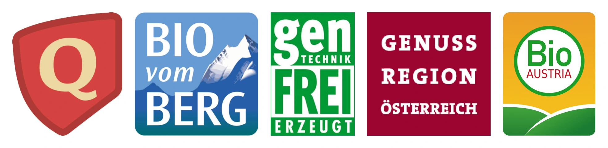 heumilchkaese_siegel Fünf Qualitätssiegel: „Q“, „Bio vom Berg“, „Gentechnikfrei erzeugt“, „Genuss Region Österreich“ und „Bio Austria“.