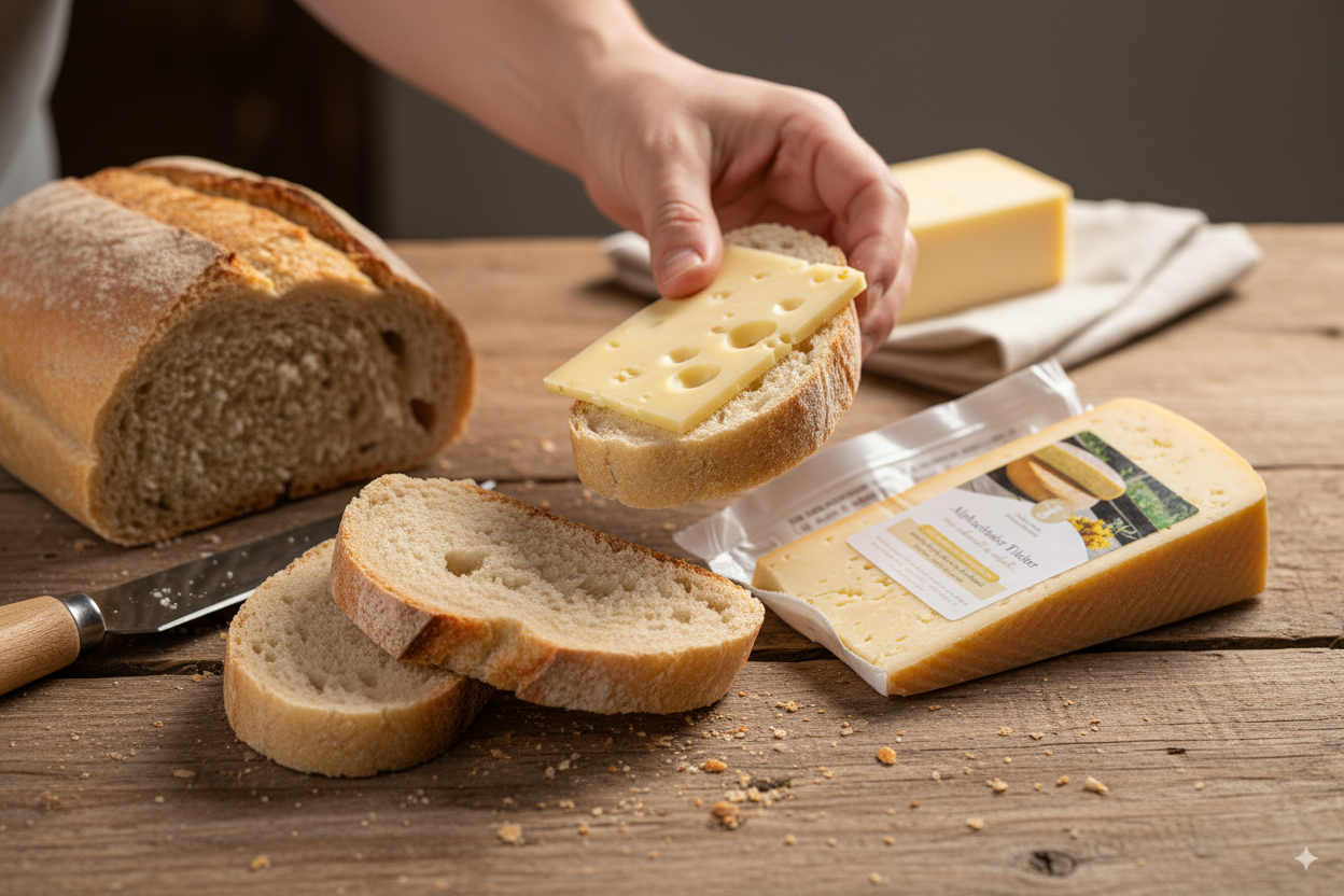 Eine Hand legt eine Scheibe Käse der Alpbachtaler Heumilchkäserei auf frisches Brot, daneben liegen weitere Brotscheiben und ein Messer auf einem Holztisch.